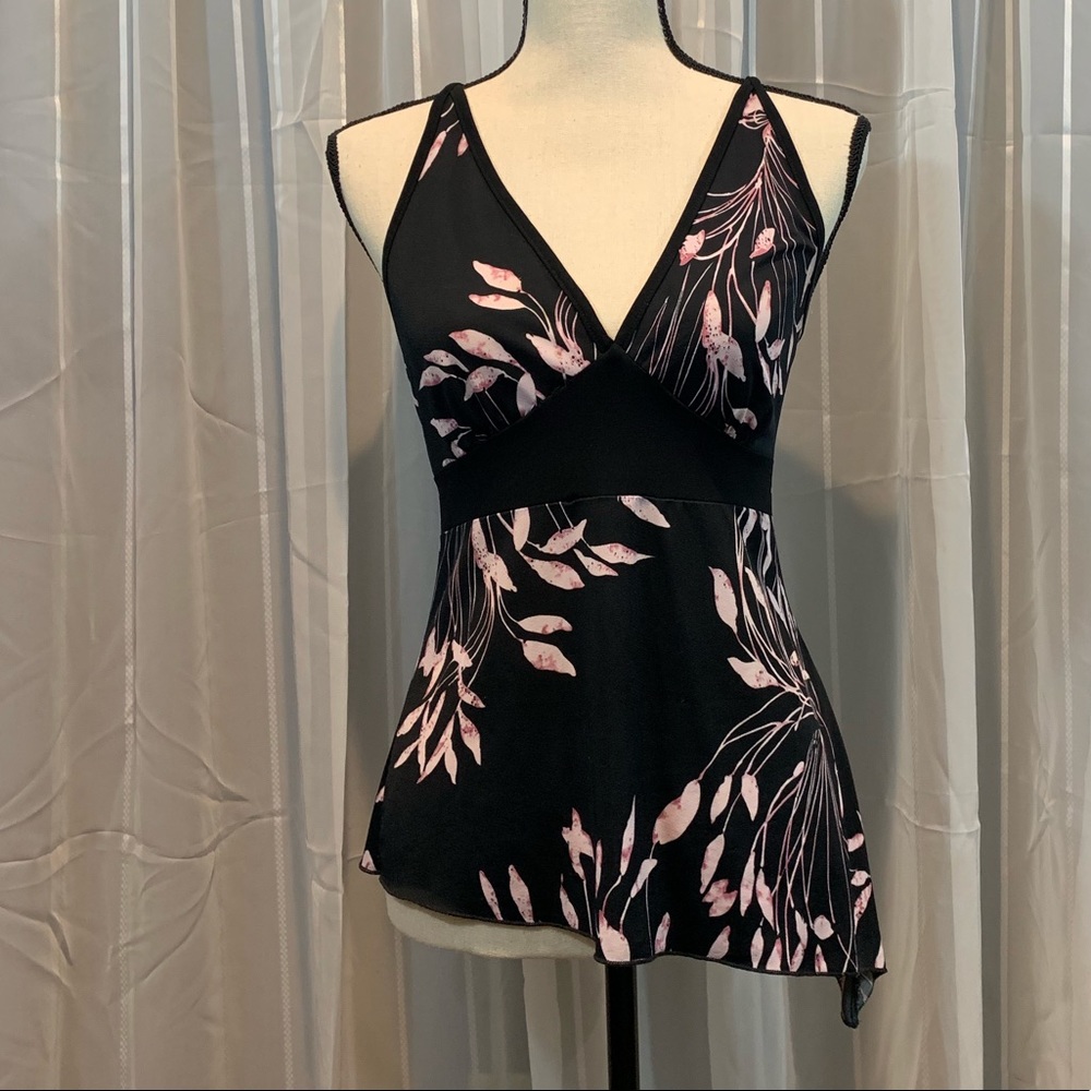Summer top. Black w/ pink flowers. Razor back. M